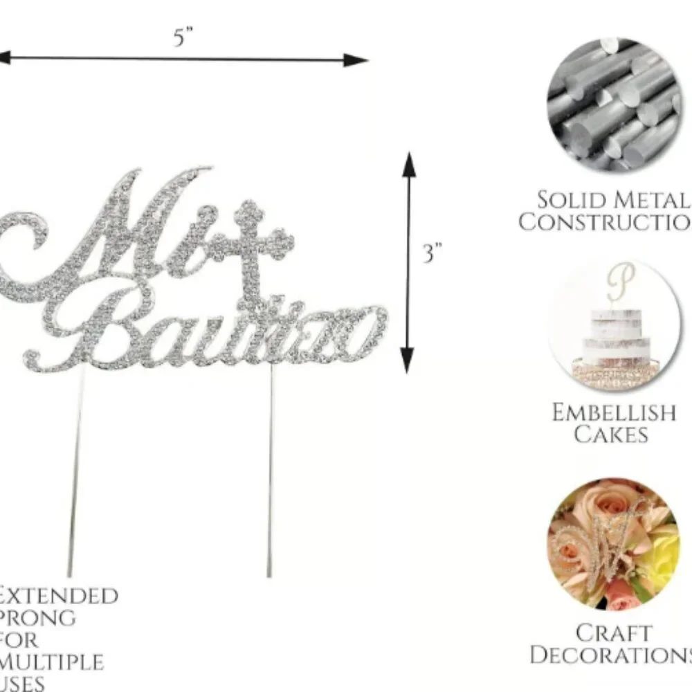 Silver Metal Mi Bautizo Rhinestone Cake Topper Religious Party Decoration